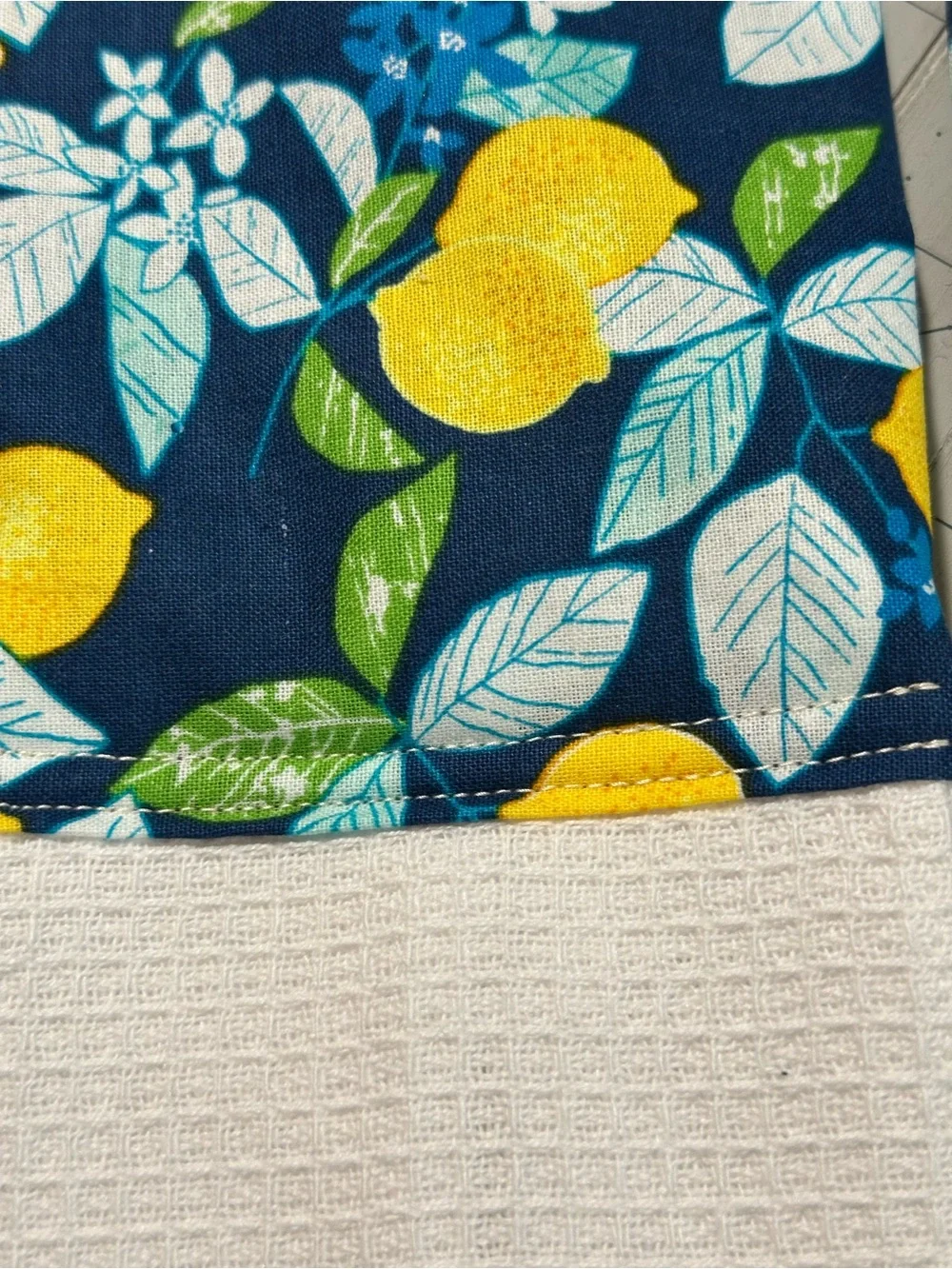 Hand Crafted Navy Lemon Print Kitchen Scarf with White Towel Ends